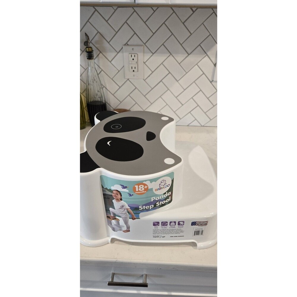 BABYLOO Panda Step Stool White Gray Black Plastic Anti-Slip 250lb Kids Bathroom
